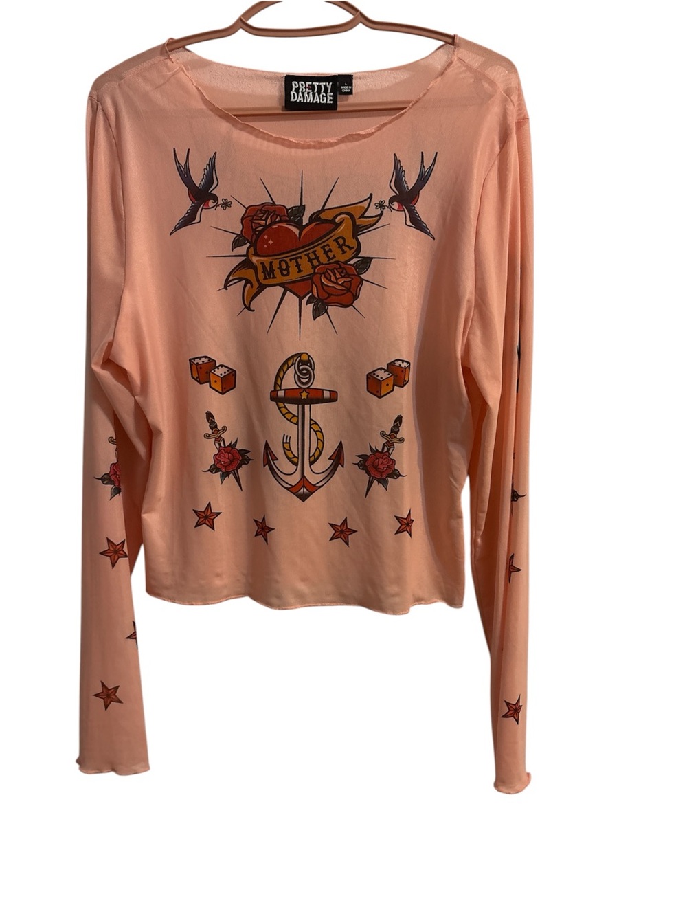 Pretty Damage Peach Graphic Long Sleeve Tattoo-Inspired Top